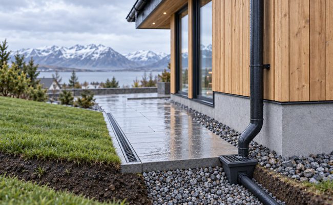 Dren og regnvatn í kringum hús